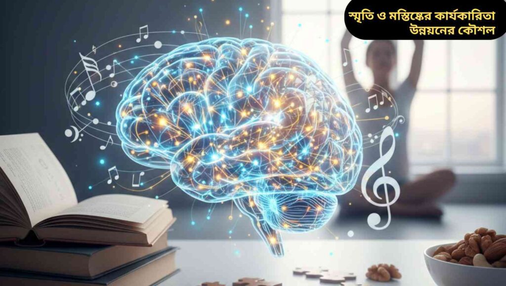 মানব মস্তিষ্কের দৃশ্য, সক্রিয় স্নায়ু সংযোগ এবং শেখা, স্মৃতিশক্তি ও স্বাস্থ্যকর জীবনধারার প্রতীক।