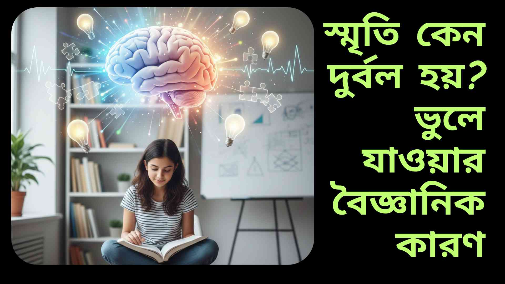 একজন শিশুর শান্ত পরিবেশে মনোযোগ দিয়ে পড়াশোনা এবং স্মৃতিশক্তি বাড়ানোর দৃশ্য, ডেস্কে নোটবুক, কলম, পানি এবং স্বাস্থ্যকর খাবার দেখা যাচ্ছে।