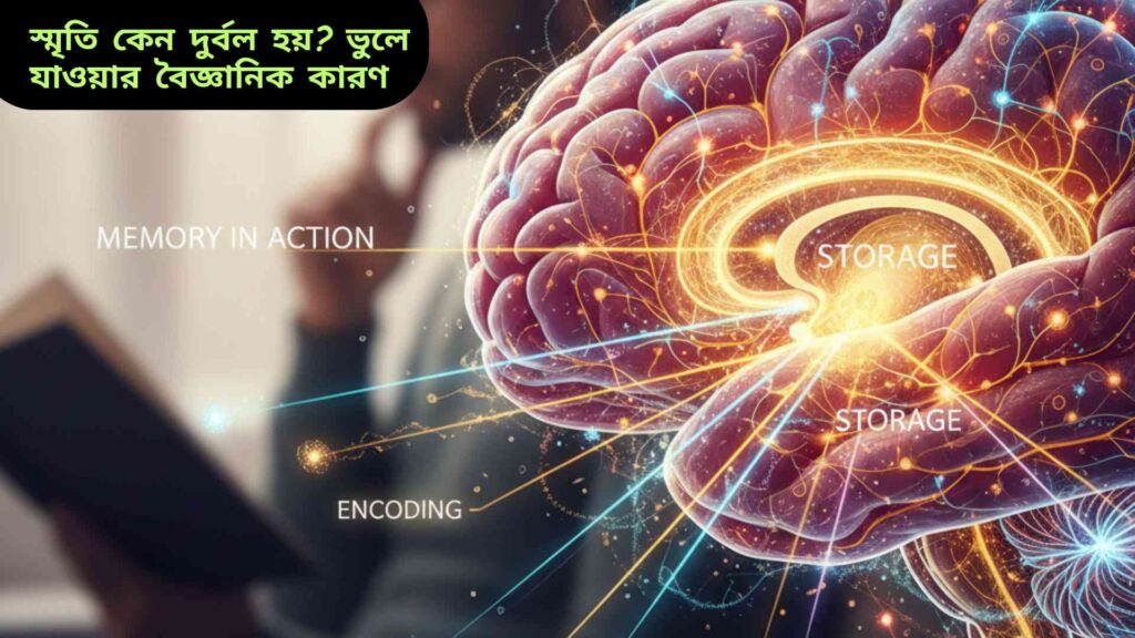মস্তিষ্কের হিপোক্যাম্পাস ও নিউরোনের সংযোগের মাধ্যমে তথ্য কিভাবে স্মৃতিতে পরিণত হয় তা রঙিন ও বাস্তবসম্মতভাবে দেখানো হয়েছে।