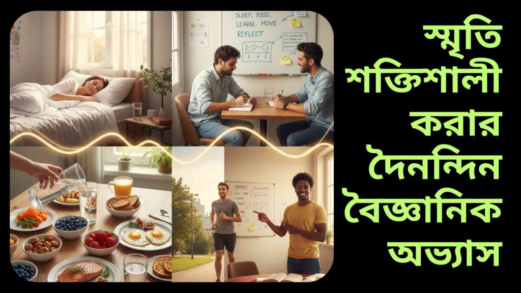 মস্তিষ্ক ও স্মৃতি শক্তিশালী করার জন্য দৈনন্দিন বৈজ্ঞানিক অভ্যাসগুলো, যেমন পর্যাপ্ত ঘুম, সঠিক খাদ্য, পর্যাপ্ত পানি পান, একসাথে একাধিক কাজ না করা, নোট লেখা, শারীরিক ব্যায়াম এবং ভুল থেকে শেখার মনোভাব।