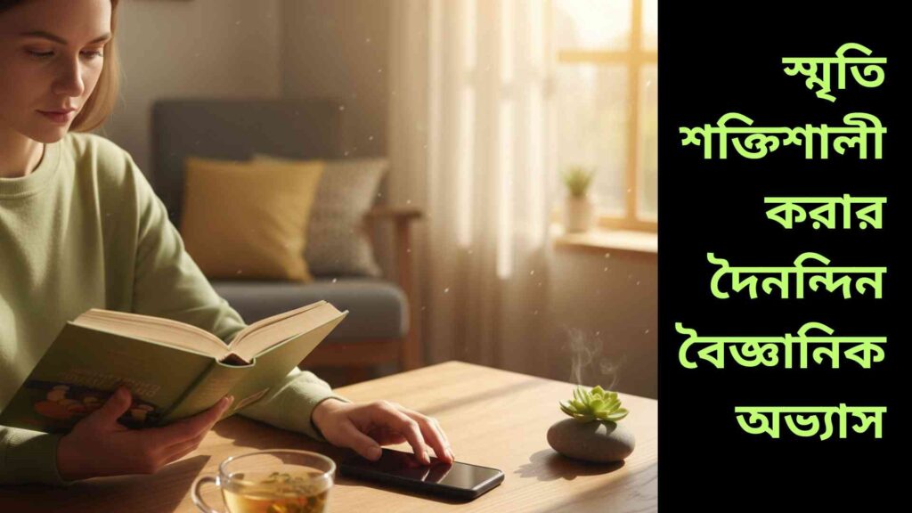 একজন ব্যক্তি স্মৃতি শক্তি বাড়াতে এবং মনকে সুস্থ রাখতে মনোযোগ দিয়ে পড়ছে, মোবাইল ফোন পাশের দিকে রাখা, শান্ত পরিবেশে বই পড়া।