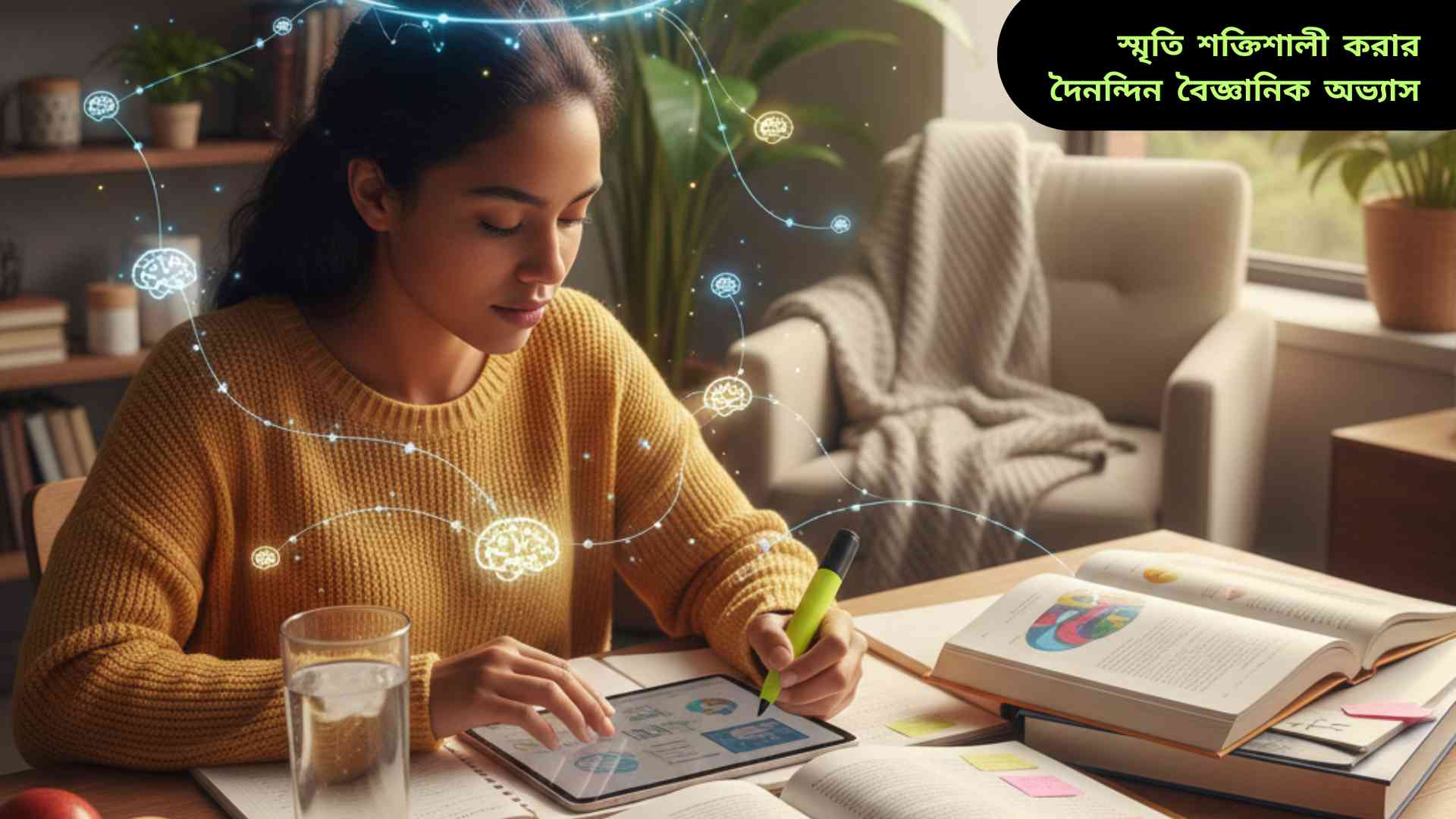 "একজন ব্যক্তি বই পড়ছে, চারপাশে স্বাস্থ্যকর খাবার এবং পানি রয়েছে, মস্তিষ্ক ও স্মৃতিশক্তি উন্নয়নের বৈজ্ঞানিক ধারণা প্রকাশ করা হয়েছে।"