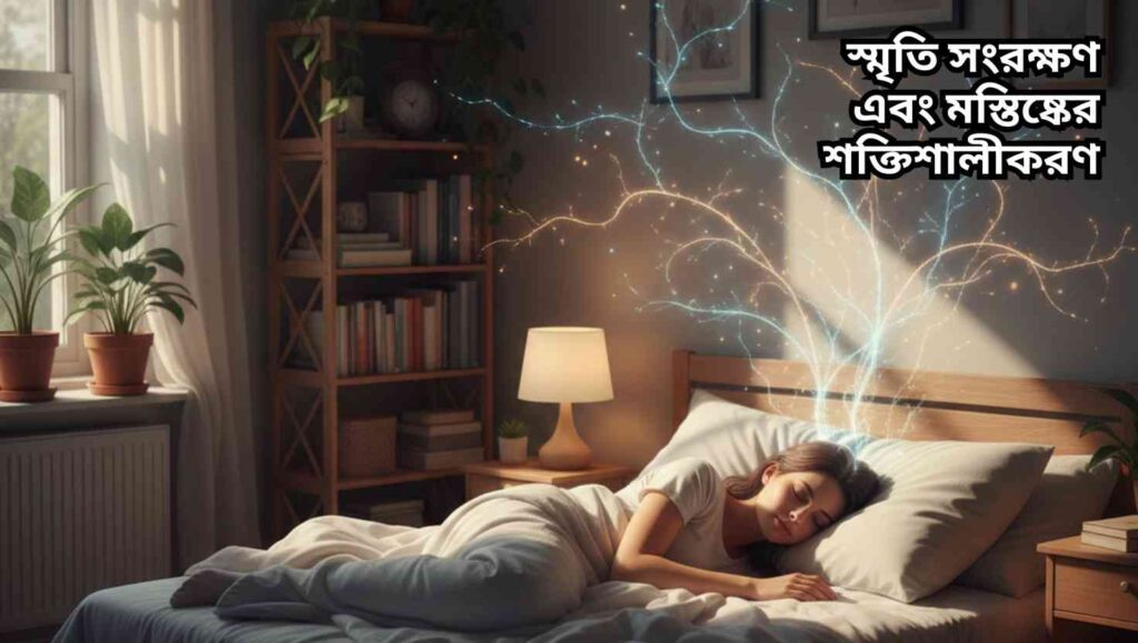 একজন মানুষ গভীর ঘুমে শুয়ে রয়েছে, তার মস্তিষ্কের স্মৃতি সংরক্ষণ এবং শক্তি বৃদ্ধি প্রক্রিয়া দেখানোর জন্য হালকা আলোতে নিউরাল সংযোগগুলো প্রদর্শিত হচ্ছে।