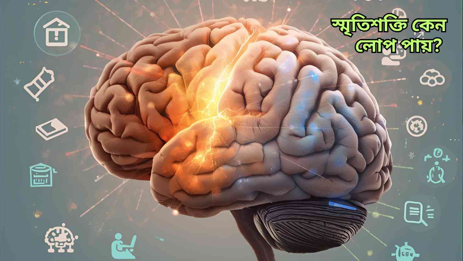 "মানব মস্তিষ্কের ছবি, যেখানে স্মৃতি সংযোগগুলো ম্লান হচ্ছে এবং স্বাস্থ্যকর অভ্যাসগুলো মস্তিষ্ককে শক্তিশালী করছে।"