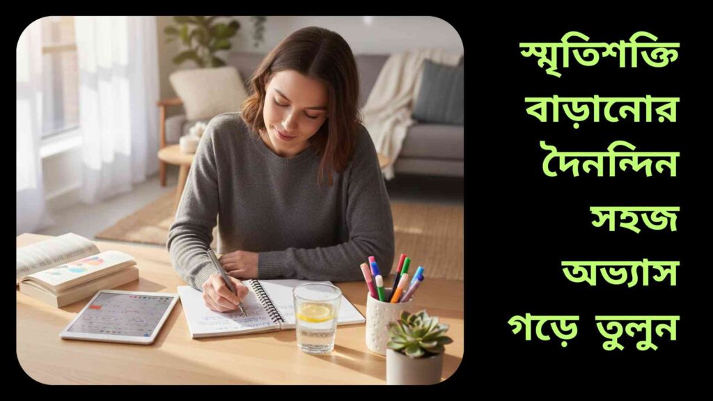 "একজন ব্যক্তি স্মৃতি শক্তি বাড়ানোর জন্য নোট লিখছে, পড়াশোনা করছে এবং পর্যাপ্ত পানি খাচ্ছে।"