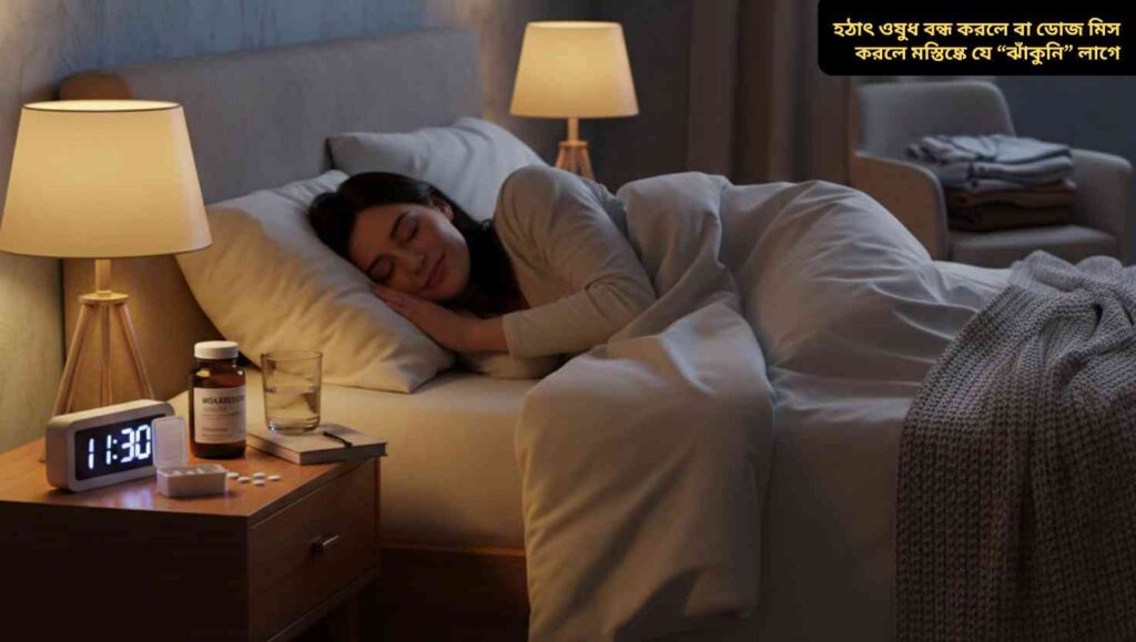 “এক ব্যক্তি বিছানায় বসে ওষুধের বোতল হাতে, মনোযোগহীন ও হতাশ ভাব দেখাচ্ছে, মস্তিষ্কে হঠাৎ ঝাঁকুনি বা বিভ্রামের প্রতিফলন।”