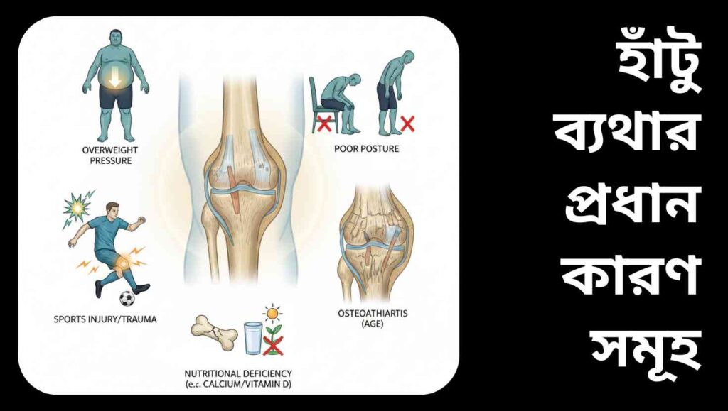 মানব হাঁটুর একটি বাস্তবসম্মত চিত্র, যা হাঁটুর ব্যথার প্রধান কারণগুলি দেখাচ্ছে, যেমন অতিরিক্ত ওজন, ভুল ভঙ্গি, আঘাত, বয়সজনিত ক্ষয় ও পুষ্টি ঘাটতি।