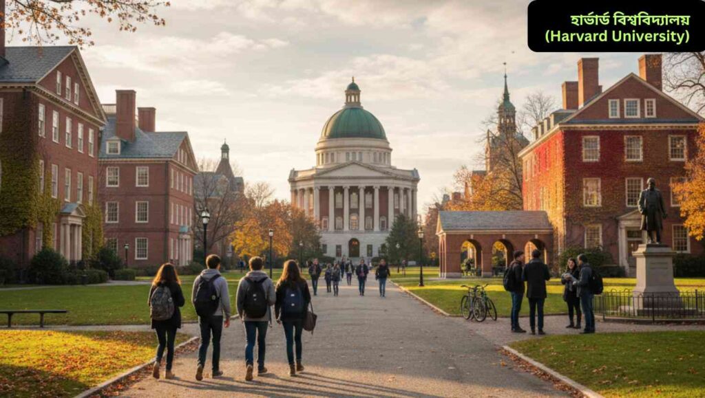 "বিশ্বের শীর্ষ বিশ্ববিদ্যালয়ের ক্যাম্পাস, যেখানে শিক্ষার্থীরা বাইরে হাঁটছে ও পড়াশোনা করছে, ঐতিহ্যবাহী ও আধুনিক ভবন, সবুজ লন এবং পরিষ্কার আকাশ।"