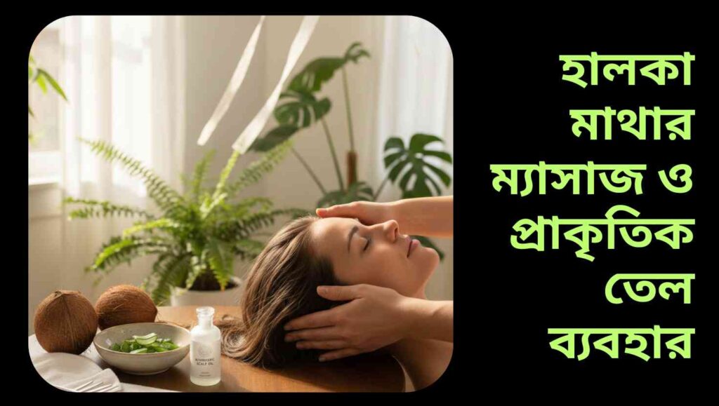মৃদু হাতের স্পর্শে স্বাভাবিক তেল দিয়ে মাথার তালু ম্যাসাজ করার দৃশ্য, যেখানে ব্যক্তি শান্ত এবং আরামদায়ক অবস্থায় বসে আছে।