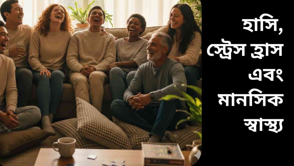 “মানুষের একদল হাসছে ও ঘনিষ্ঠভাবে কথা বলছে—যা মানসিক স্বস্তি ও স্ট্রেস কমানোর মুহূর্ত তুলে ধরছে।”