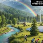 “পৃথিবীর পরিবেশ, বন, নদী, পর্বত, মেঘ, বৃষ্টি, সূর্য, বাতাস, প্রাণী এবং মানুষ বৃক্ষরোপণ ও পুনঃনবায়নযোগ্য শক্তি ব্যবহার করছে এমন শিক্ষামূলক চিত্র।”