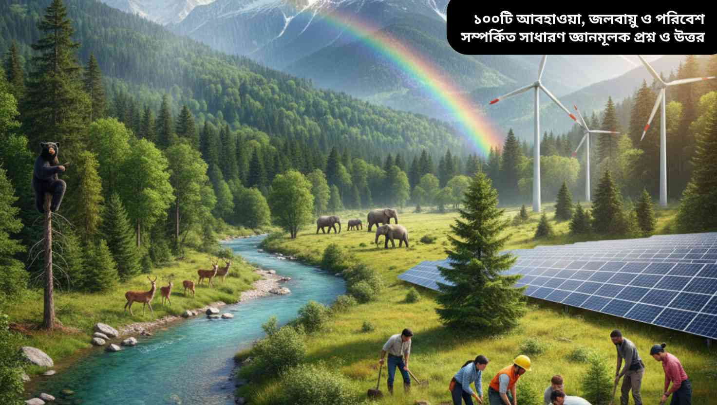 “পৃথিবীর পরিবেশ, বন, নদী, পর্বত, মেঘ, বৃষ্টি, সূর্য, বাতাস, প্রাণী এবং মানুষ বৃক্ষরোপণ ও পুনঃনবায়নযোগ্য শক্তি ব্যবহার করছে এমন শিক্ষামূলক চিত্র।”