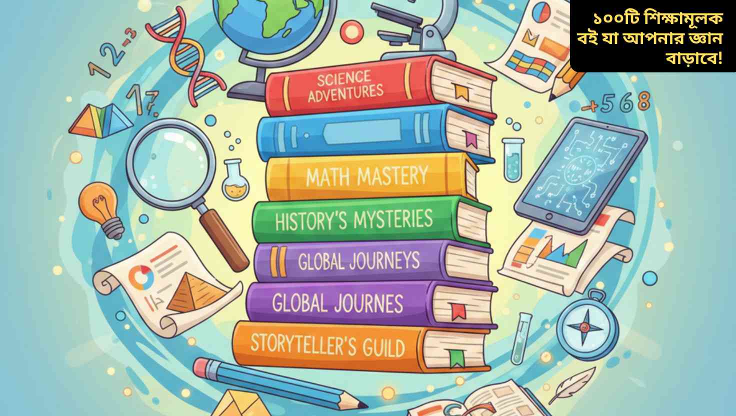 "রঙিন বইয়ের স্তূপ, শিক্ষামূলক প্রতীক যেমন গ্লোব, মাইক্রোস্কোপ, পেন্সিল এবং চার্ট, যা বিভিন্ন বিষয়ের জ্ঞান প্রদর্শন করছে।"