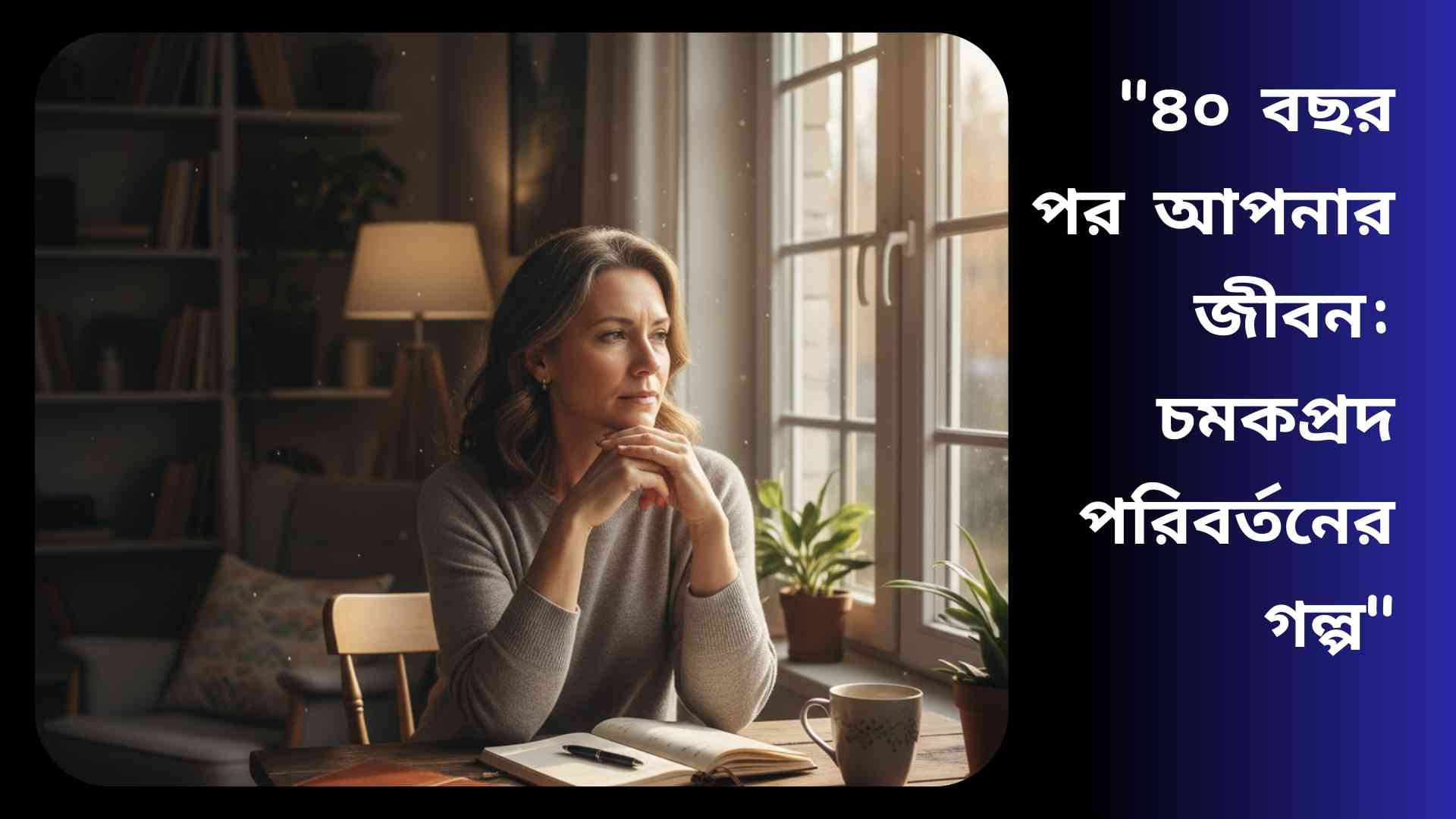 "একজন মধ্যবয়স্ক ব্যক্তি জানালা দিয়ে ভাবপ্রবণভাবে তাকাচ্ছেন, টেবিলের ওপর নোটবুক এবং কফি রয়েছে, জীবনের পরিবর্তন ও ব্যক্তিগত উন্নয়নের প্রতীক।"