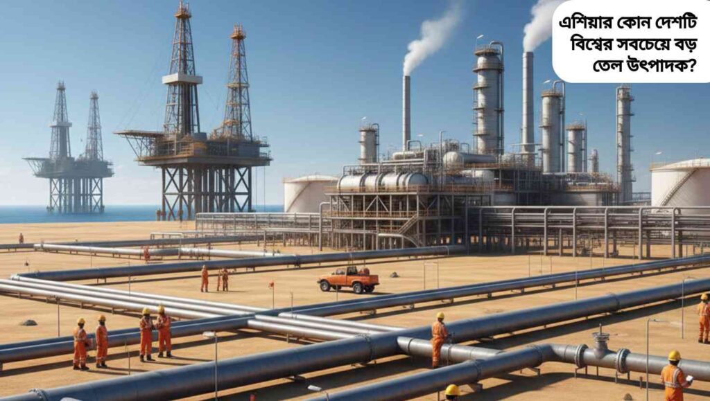 "সৌদি আরবের তেল শিল্পের চিত্র, বড় তেল খনি, রিফাইনারি এবং মরুভূমি প্রেক্ষাপটে।"