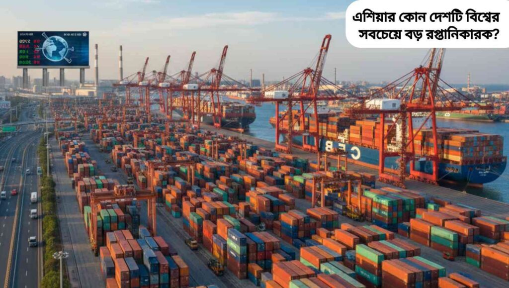 "চীনের একটি ব্যস্ত রপ্তানি বন্দর, বড় কার্গো জাহাজ, রঙিন কন্টেইনার, ক্রেন এবং শ্রমিকদের সঙ্গে বৈশ্বিক বাণিজ্যের দৃশ্য।"