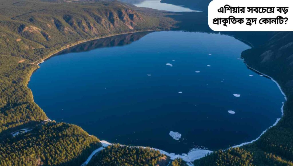 "রাশিয়ার বায়কাল হ্রদের বিস্তৃত নীল জল এবং পাহাড় ও বন ঘেরা প্রাকৃতিক দৃশ্য।"