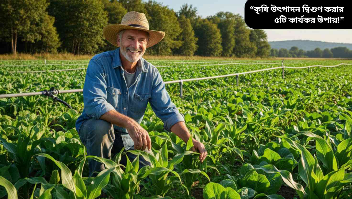 “একজন হাসিখুশি কৃষক উর্বর ফসলের মাঠে ফসল পরীক্ষা করছেন, পেছনে সেচের ব্যবস্থা এবং পরিষ্কার নীল আকাশ”