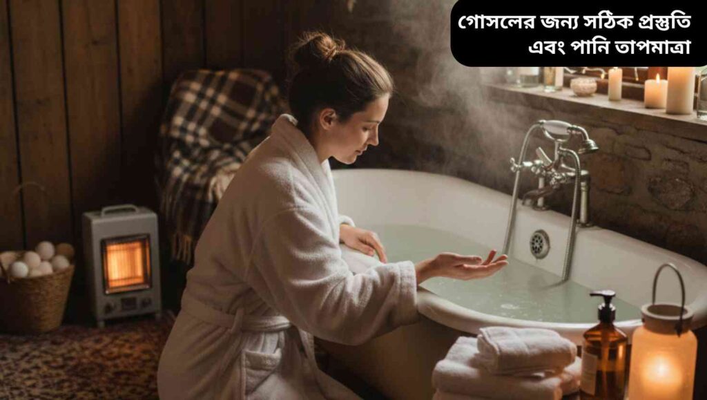 "শীতকালে সঠিকভাবে গোসলের প্রস্তুতি নিচ্ছে এমন একটি উষ্ণ ও আরামদায়ক বাথরুম দৃশ্য, যেখানে হালকা উষ্ণ আলো, লুকওয়ার্ম পানি এবং টাওয়েল রয়েছে।"