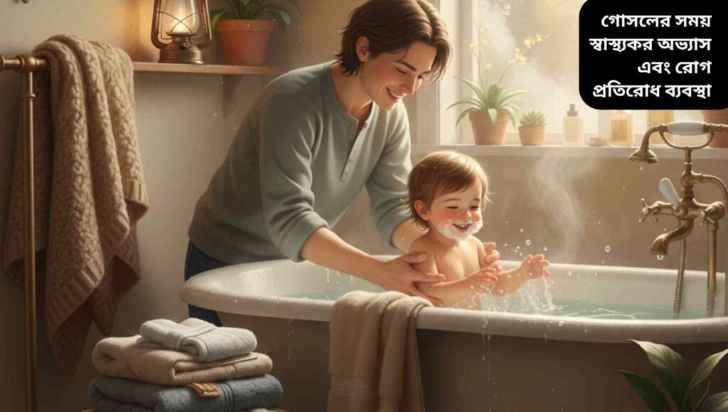 শীতকালে স্বাস্থ্যকর গোসলের অভ্যাস পালন করছে একটি শিশু ও অভিভাবক, লিউকওয়ার্ম পানি ও উষ্ণ পোশাকের সঙ্গে।