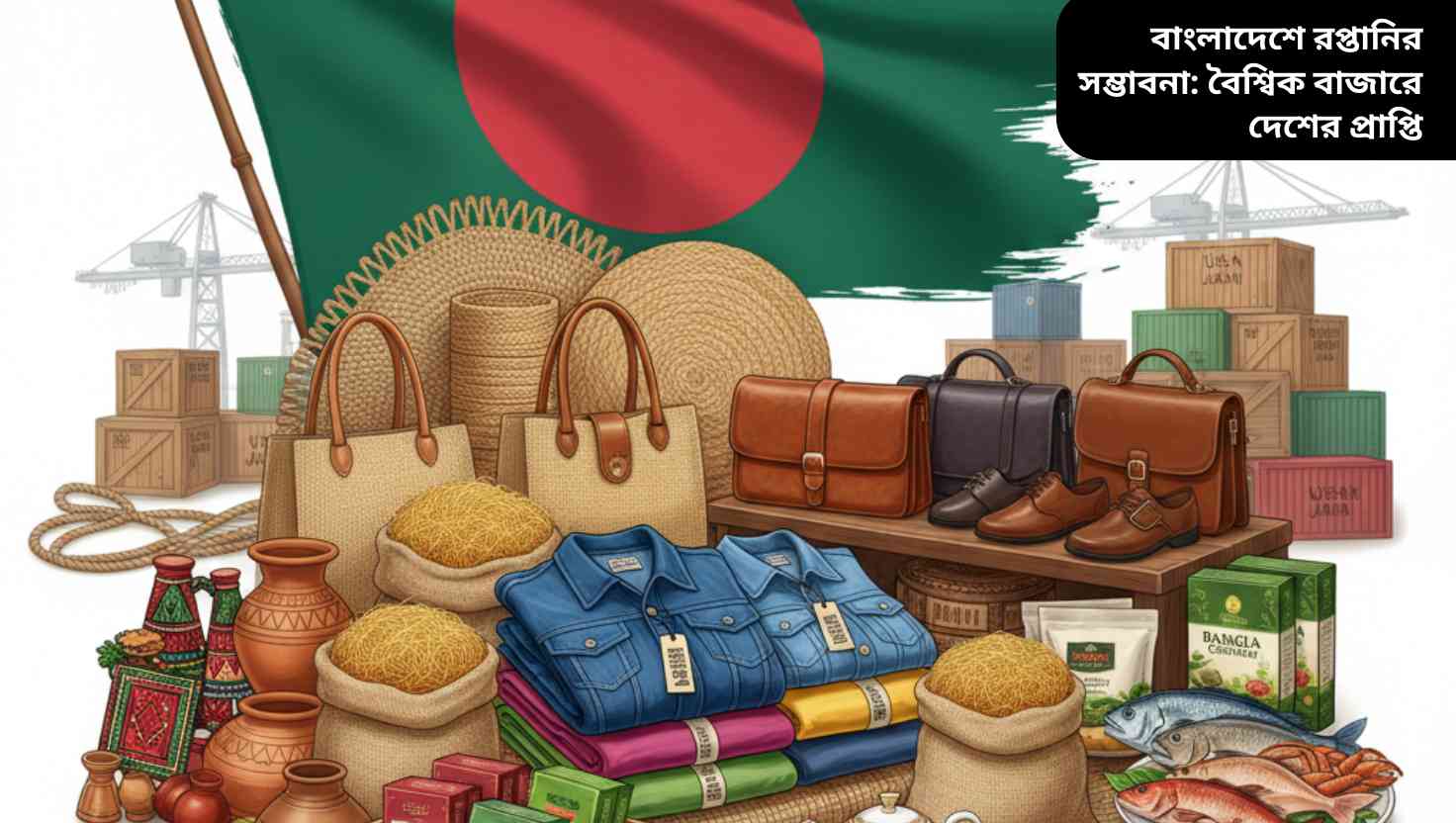 "বাংলাদেশের প্রধান রপ্তানি পণ্য যেমন গার্মেন্টস, পাটজাত দ্রব্য, মাছ-মাংস, চা, চামড়াজাত সামগ্রী ও হস্তশিল্পের একটি চিত্র, আন্তর্জাতিক বাণিজ্য ও কন্টেইনারসহ।"