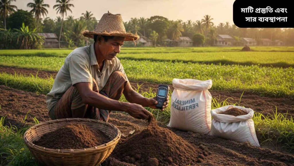 "একজন বাংলাদেশি কৃষক উর্বর মাঠে মাটি প্রস্তুত করছেন, মাটির pH পরীক্ষা করছেন এবং জৈব কম্পোস্ট ও খনিজ সার প্রয়োগ করছেন"