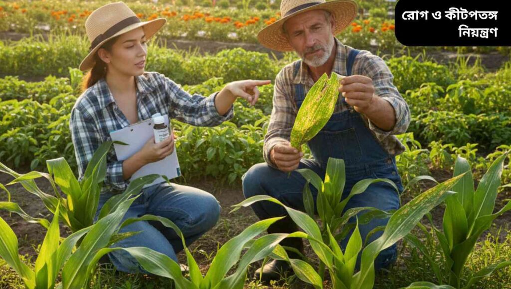 "ফসলের ক্ষেত পরিদর্শন করছেন কৃষক, পাতা রোগ ও পোকামাকড়ে আক্রান্ত, আরেকজন কৃষক নিয়মিত রোগ ও কীটপতঙ্গ নিয়ন্ত্রণের পরামর্শ দিচ্ছেন।"