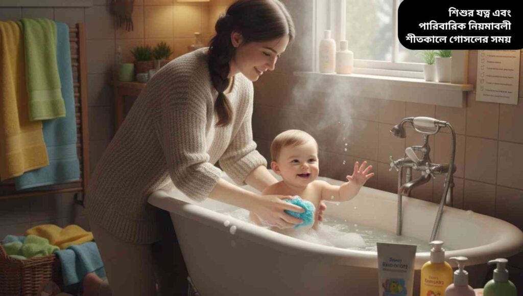 শীতকালে শিশুর স্নান: মা তার শিশুকে উষ্ণ এবং সুরক্ষিত পরিবেশে স্নান করাচ্ছেন, শিশুটি সাবান বাবল দিয়ে খেলছে, পাশে উষ্ণ পোশাক এবং ত্বক মোয়িস্টারাইজার রাখা আছে।