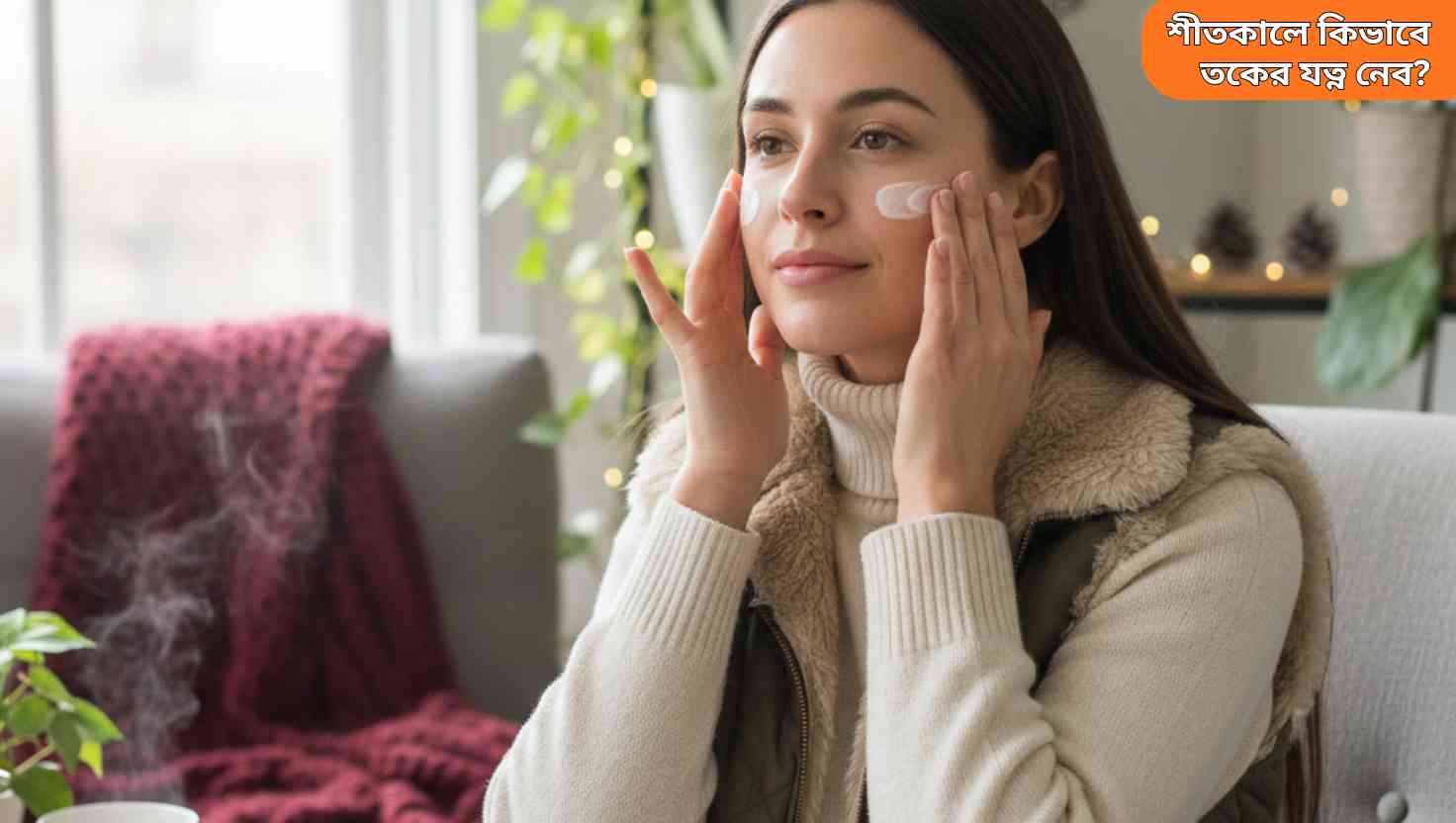 Young woman applying moisturizer on her face during winter, showing healthy glowing skin.