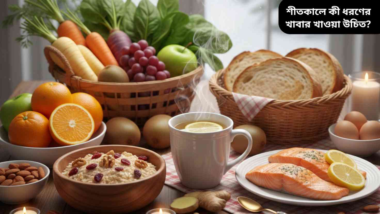 শীতকালে স্বাস্থ্যকর খাবার ও পানীয়ের ছবি, যেমন দুধ, ডিম, মাছ, ফল, বাদাম ও গরম চা।