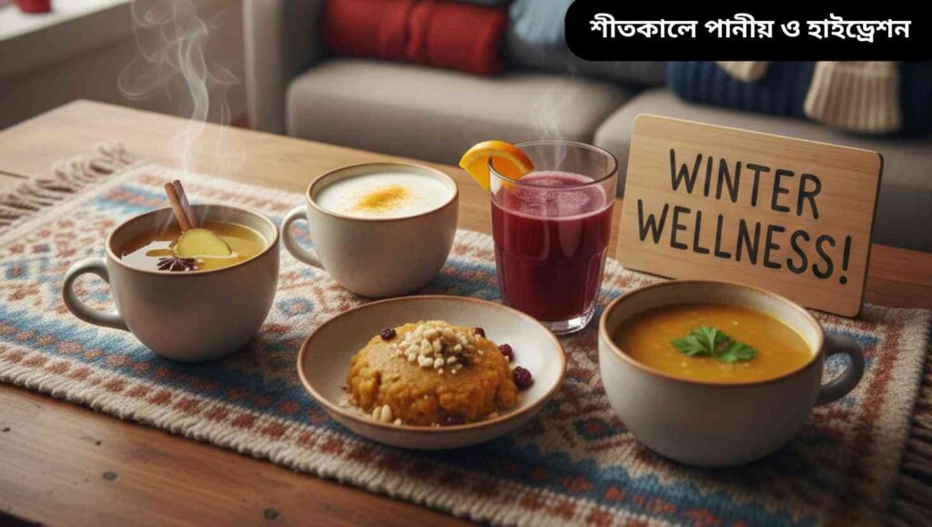 "শিশুদের জন্য শীতকালে স্বাস্থ্যকর পানীয় যেমন আদা চা, গরম দুধ, হালকা হালুয়া, ফলের জুস এবং স্যুপের একটি টেবিল।"