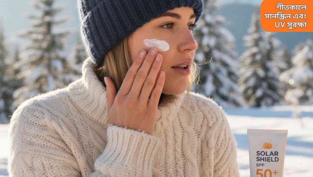 শীতকালে সূর্যের আলো থেকে ত্বককে সুরক্ষিত রাখতে সানস্ক্রিন লাগানো একজন ব্যক্তির ছবি।