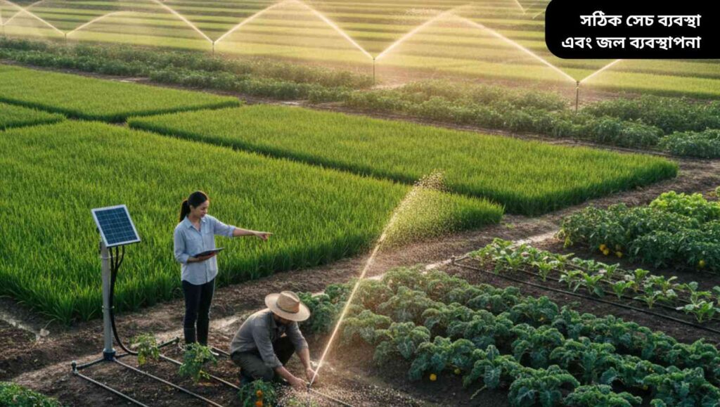 "ফসলের মাঠে আধুনিক সেচ ব্যবস্থার মাধ্যমে সঠিকভাবে পানি দেওয়া হচ্ছে, কৃষক ফসল দেখছেন এবং সেচ লাইন ঠিক করছেন।"