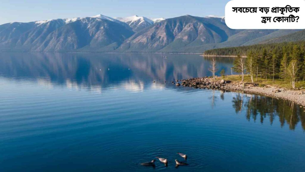 "রাশিয়ার বায়কাল লেকের একটি মনোমুগ্ধকর দৃশ্য, গভীর নীল পানি, পাহাড় ও স্বচ্ছ আকাশ সহ।"