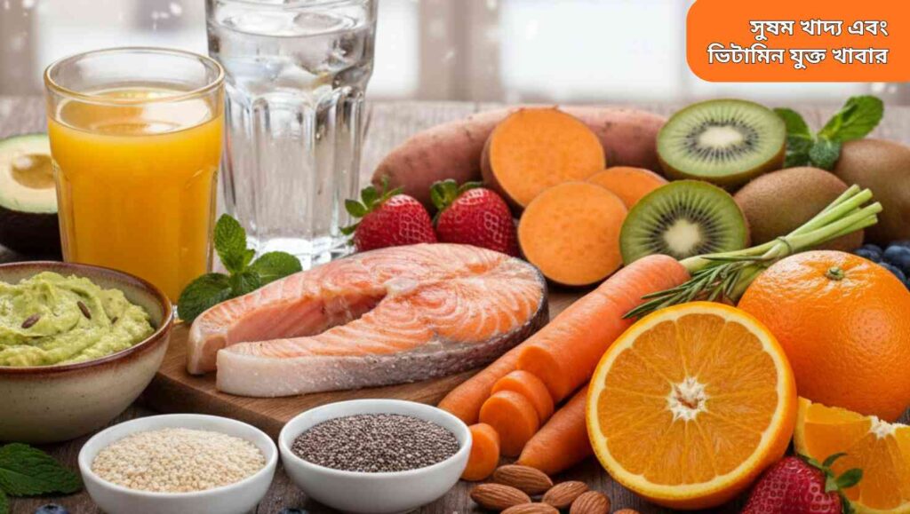 "শীতকালে ত্বককে স্বাস্থ্যকর ও উজ্জ্বল রাখার জন্য ভিটামিন সমৃদ্ধ খাবারের বাস্তবসম্মত চিত্র। এতে বিভিন্ন ফল, সবজি, বাদাম, বীজ, স্যামন মাছ, জল এবং স্যুপ দেখা যাচ্ছে।"