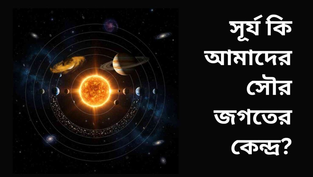 "সূর্যকে কেন্দ্র করে গ্রহ, উপগ্রহ ও অ্যাস্টেরয়েডের কক্ষপথ প্রদর্শন করা সৌরজগতের বাস্তবসম্মত চিত্র।"