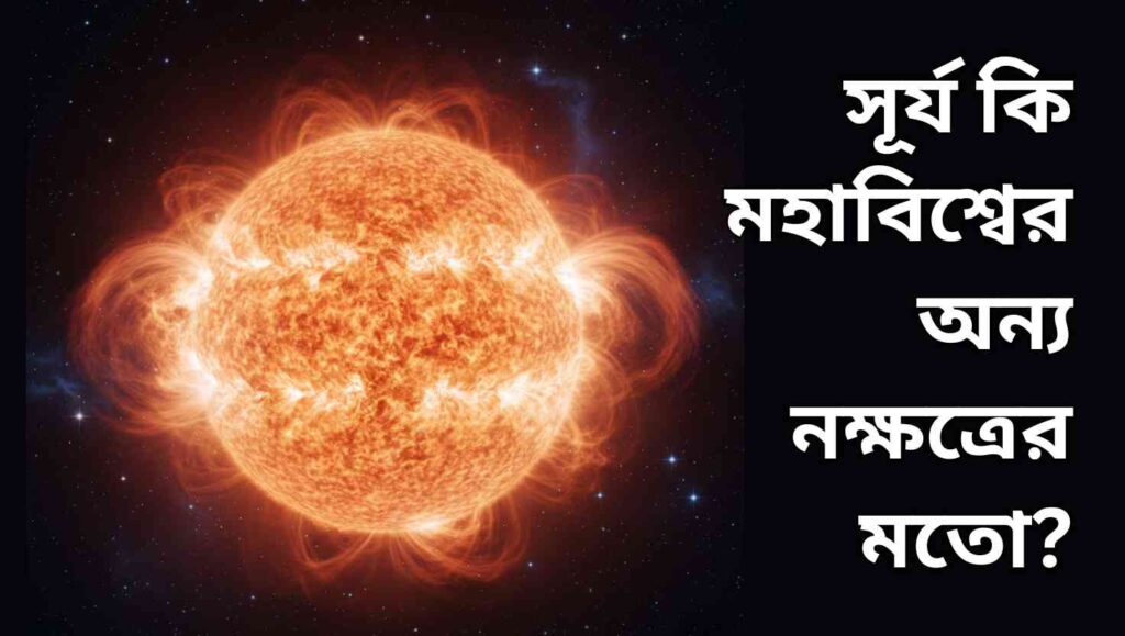 সূর্য একটি উজ্জ্বল গ্যাসীয় নক্ষত্র হিসেবে মহাকাশে, পটভূমিতে দূরের নক্ষত্রসহ, যা পৃথিবীর কাছাকাছি হওয়ায় বড় ও উজ্জ্বল দেখায়।