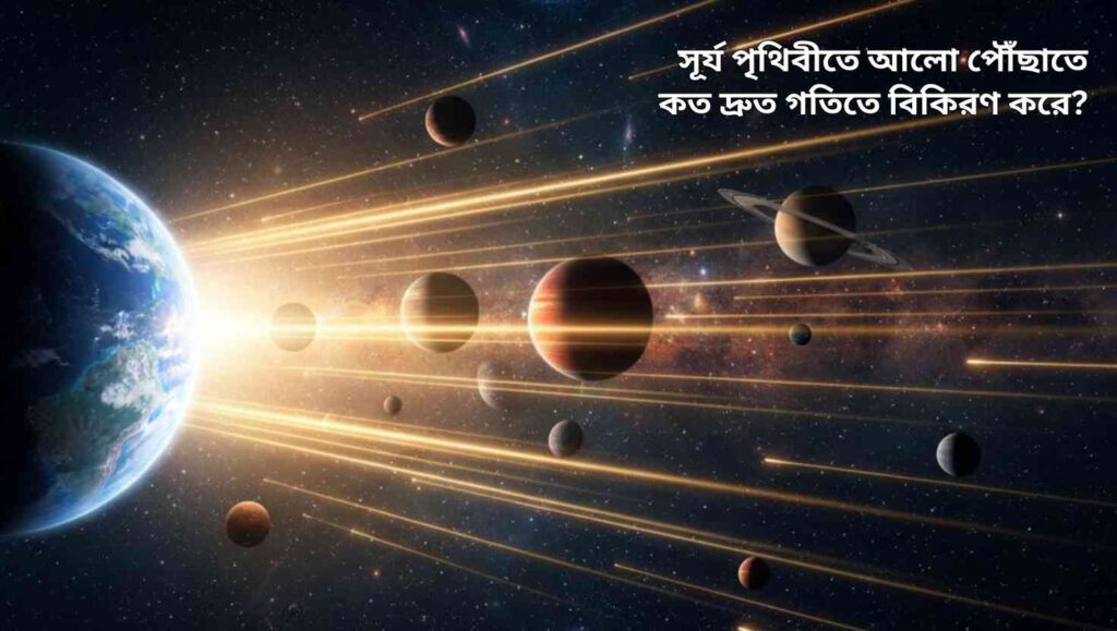 "সূর্যালোক মহাকাশে পৃথিবীর দিকে ভ্রমণ করছে, উজ্জ্বল আলোর রেখা এবং নক্ষত্রপুঞ্জের সঙ্গে।"