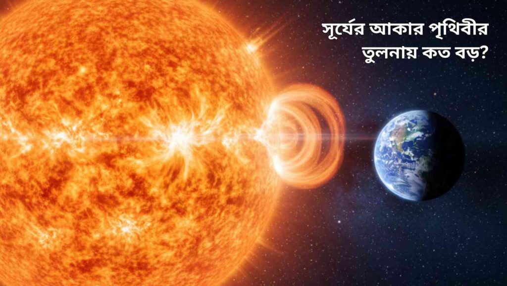 "সূর্য এবং পৃথিবীর মাপের তুলনা দেখানো একটি বাস্তবসম্মত চিত্র, যেখানে সূর্য অনেক বড় এবং পৃথিবী ছোট দেখা যাচ্ছে।"