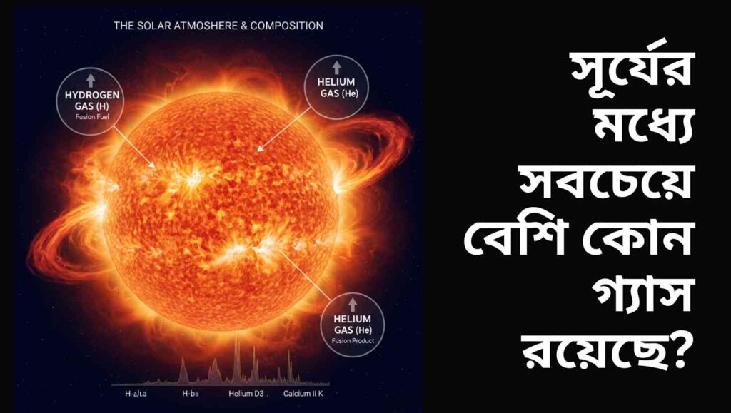 "সূর্যের একটি বাস্তবসম্মত চিত্র, যেখানে সূর্যের জ্বলন্ত পৃষ্ঠ এবং সৌর ঝড় দেখানো হয়েছে, প্রধানত হাইড্রোজেন এবং হিলিয়াম গ্যাসের উপস্থিতি হাইলাইট করা হয়েছে।"