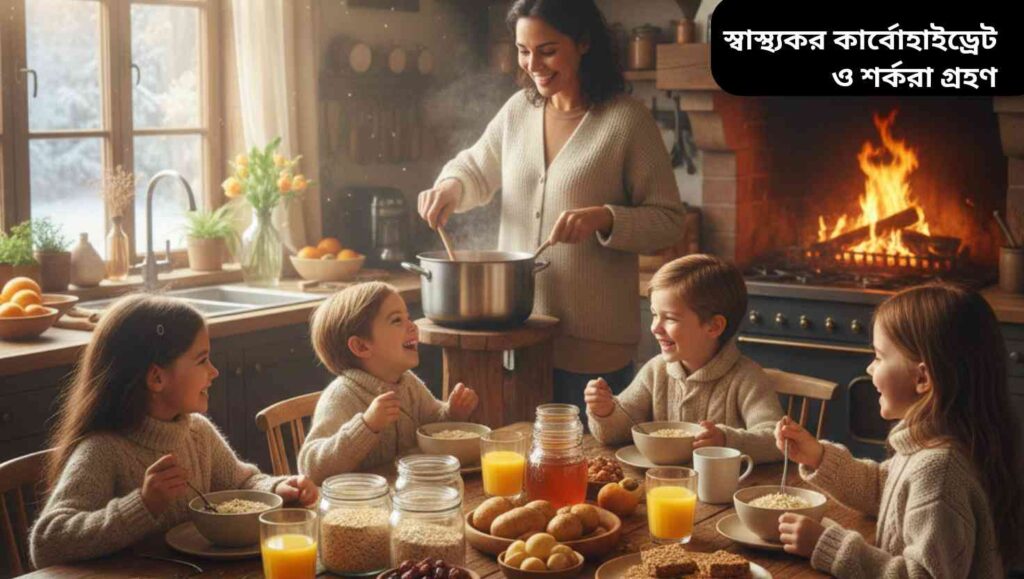 শীতকালে শিশুদের জন্য স্বাস্থ্যকর খাবার রান্না করছে বাবা-মায়ের একটি রিয়েলিস্টিক দৃশ্য, যেখানে ওটস, আলু, দুধ, মধু, ফল এবং বাদাম রয়েছে।