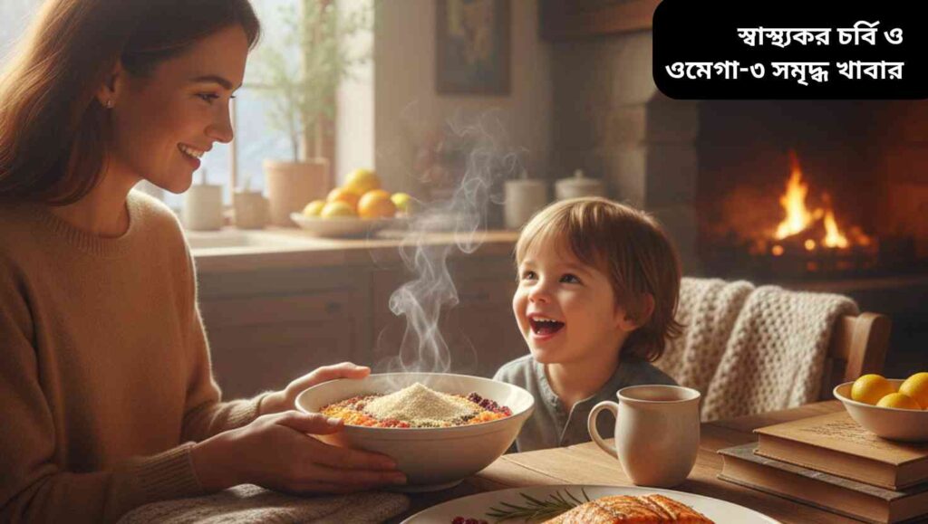 "মা ওটস পরিবেশন করছেন তার শিশুকে, বাদাম ও তিলের গুঁড়ো দিয়ে, পাশের প্লেটে স্যামন মাছ, আখরোট ও সূর্যমুখী বীজ, শীতকালে স্বাস্থ্যকর চর্বি ও ওমেগা-৩ প্রমোট করছে।"