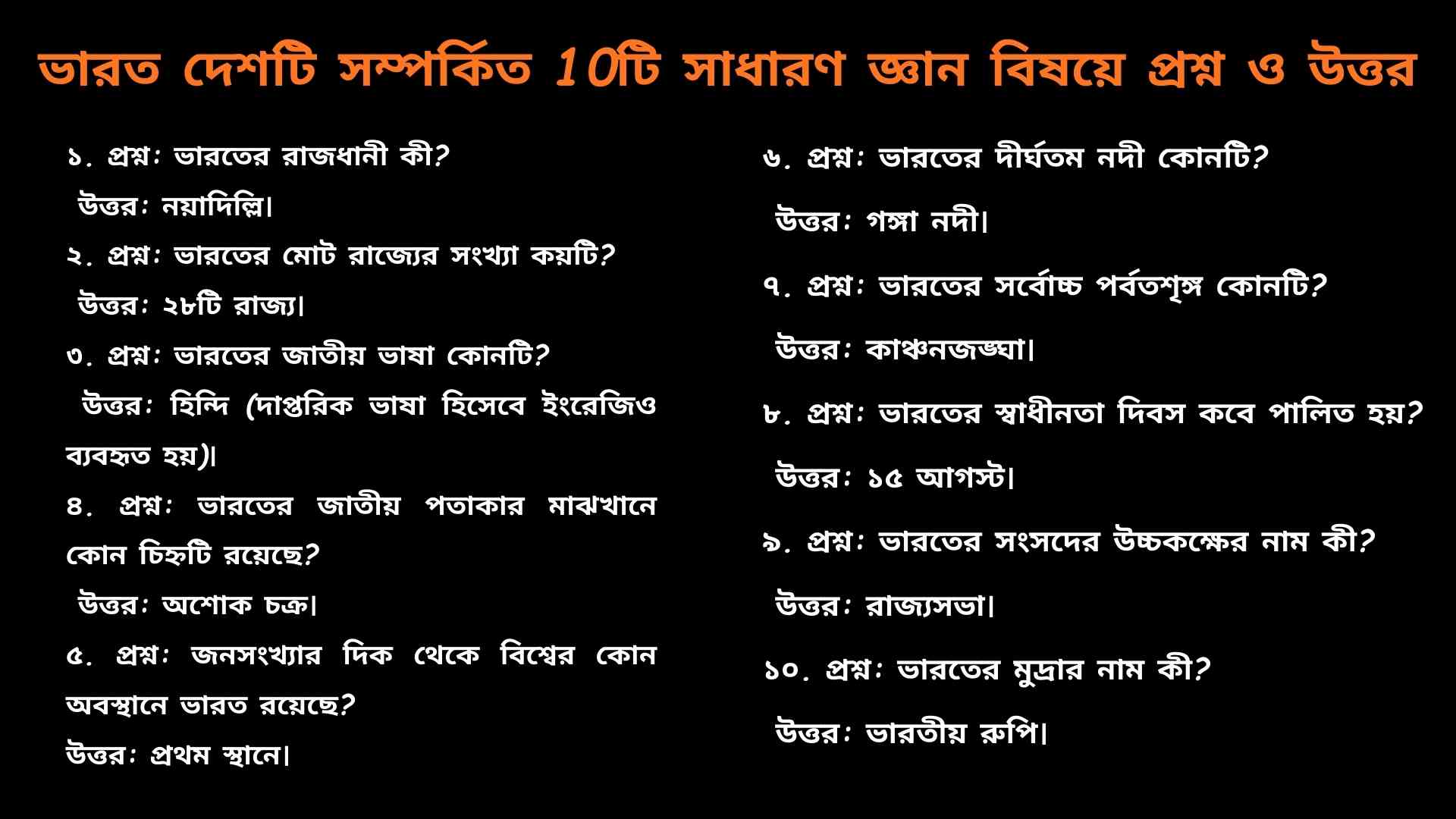 ভারত সম্পর্কিত ১০টি সাধারণ জ্ঞান প্রশ্ন ও উত্তর