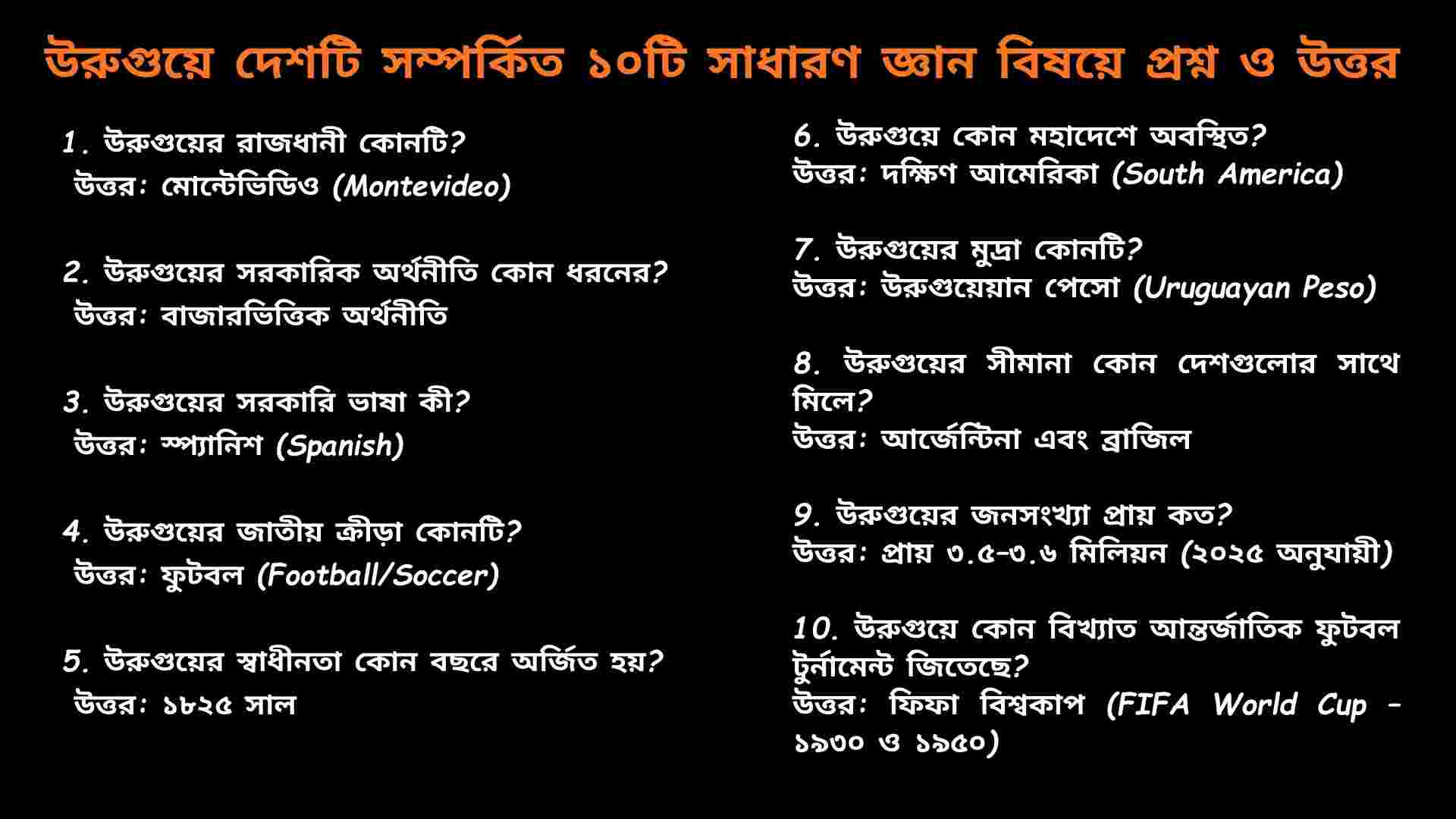 উরুগুয়ে দেশের মানচিত্র ও জাতীয় পতাকার ছবি সহ ১০০টি সাধারণ জ্ঞান প্রশ্ন ও উত্তর সংকলন।