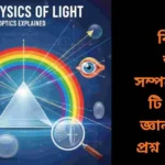 পদার্থ বিজ্ঞানের অপটিক্স শাখার একটি চিত্র যেখানে আলো বিচ্ছুরণ, প্রতিফলন ও প্রিজমের মাধ্যমে রঙের বিভাজন দেখানো হয়েছে।