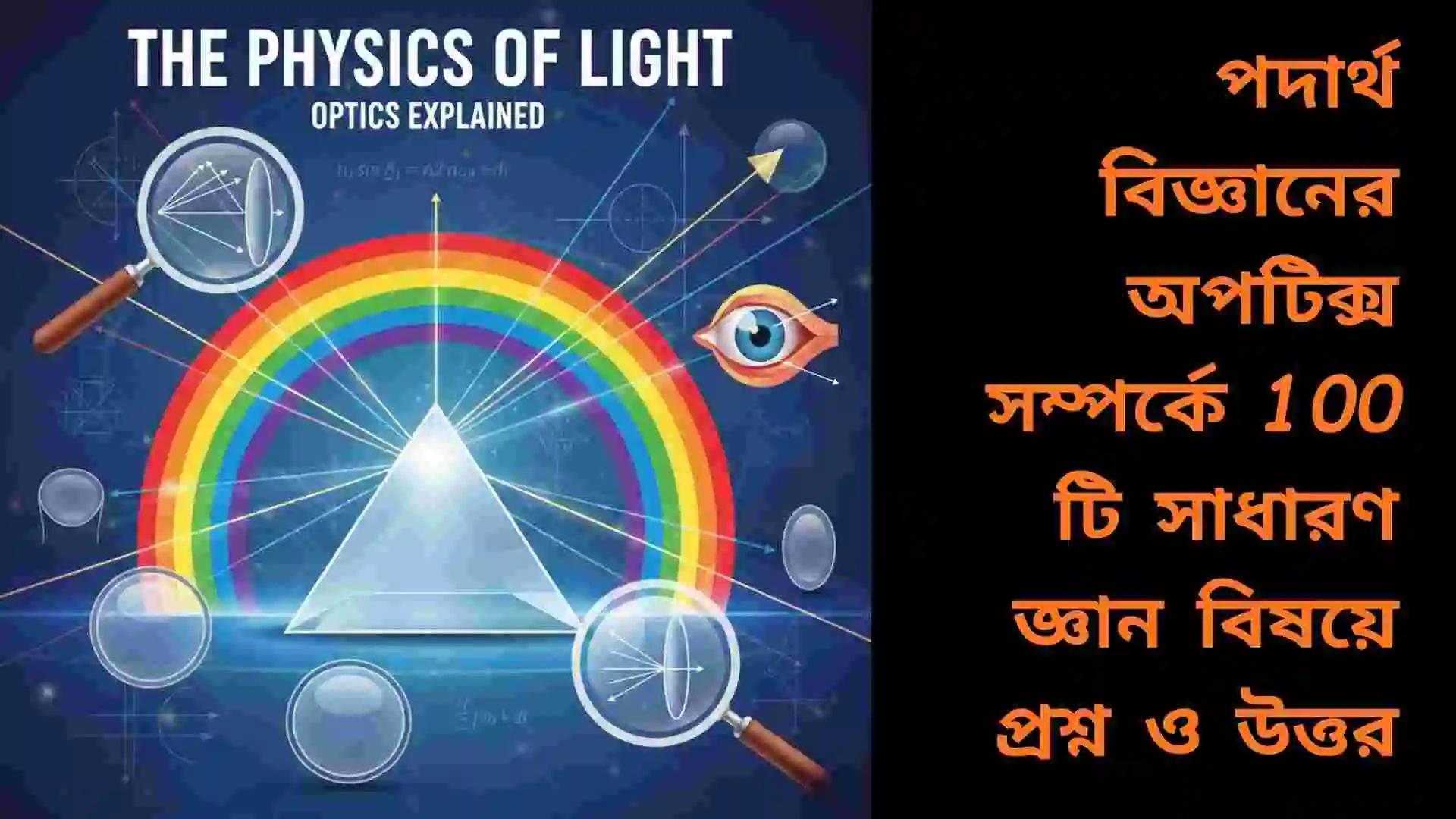 পদার্থ বিজ্ঞানের অপটিক্স শাখার একটি চিত্র যেখানে আলো বিচ্ছুরণ, প্রতিফলন ও প্রিজমের মাধ্যমে রঙের বিভাজন দেখানো হয়েছে।