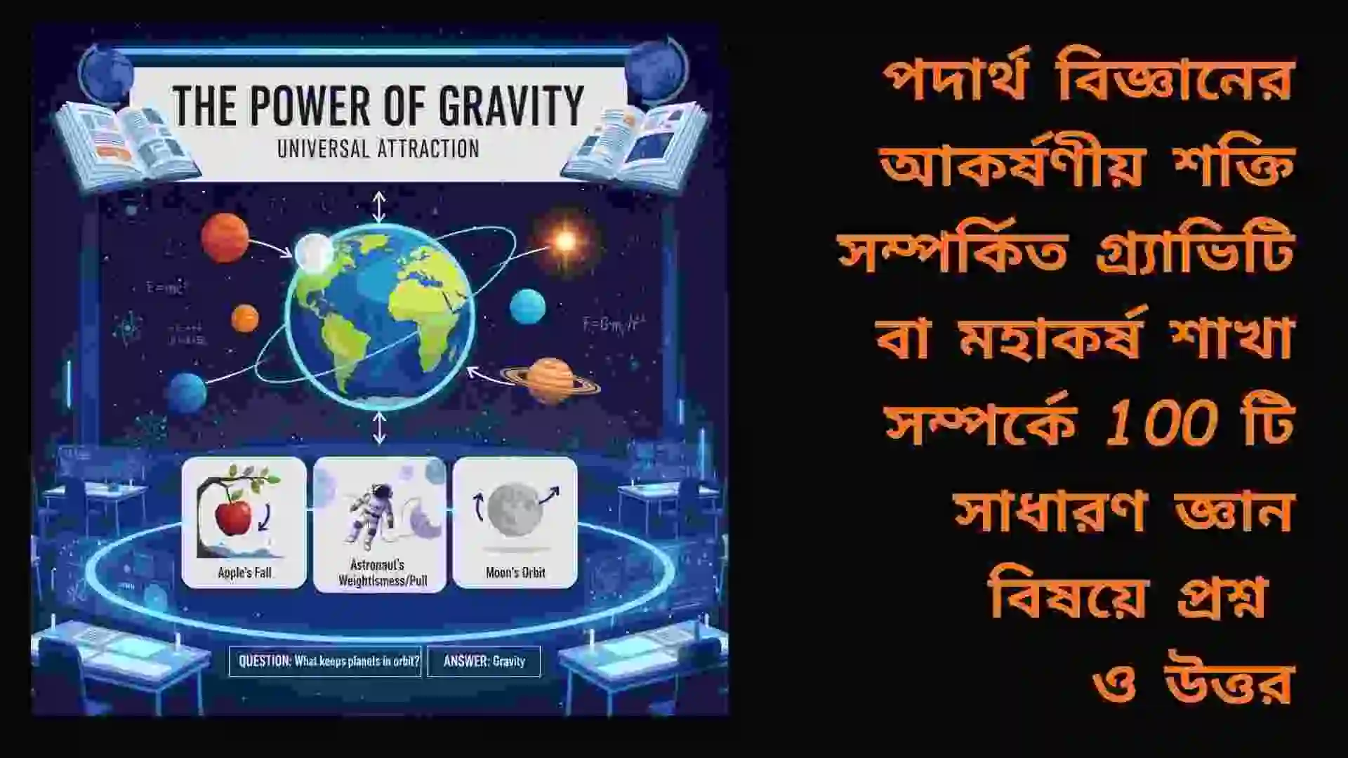 Illustration of gravity force, planets orbiting, falling objects, and a physics concept diagram – পদার্থ বিজ্ঞানের আকর্ষণীয় শক্তি বা মহাকর্ষ বিষয়ক চিত্র।