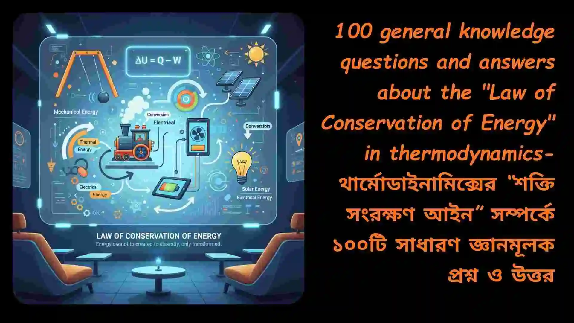 থার্মোডাইনামিক্সের শক্তি সংরক্ষণ আইন সম্পর্কিত শিক্ষামূলক প্রশ্ন ও উত্তর, উদ্ভিদ, যন্ত্রপাতি ও বৈজ্ঞানিক প্রতীকসহ শিক্ষামূলক চিত্র।