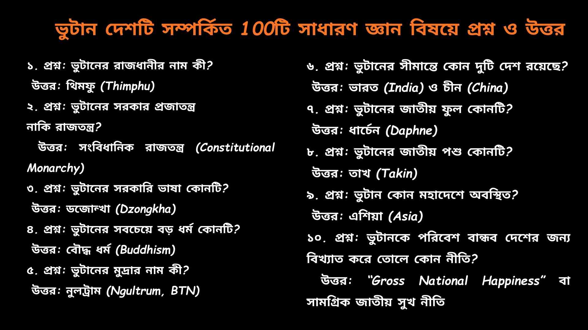 ভুটান সম্পর্কিত ১০টি সাধারণ জ্ঞানমূলক প্রশ্ন ও উত্তর