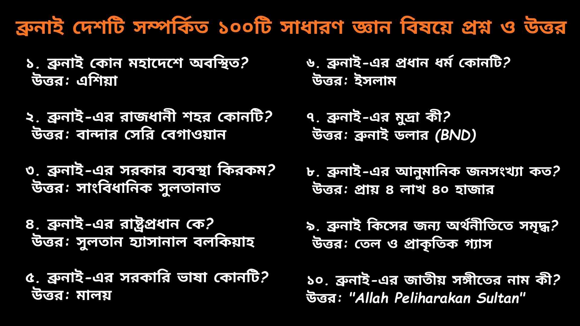 ব্রুনাই দেশটি সম্পর্কিত ১০০টি সাধারণ জ্ঞান প্রশ্ন ও উত্তর | Brunei GK in Bengali